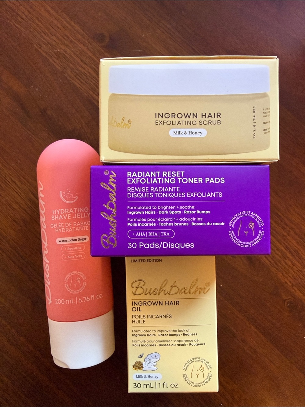 Bushbalm Skincare- exfoliating scrub, toner pad, oil and hydrating shave jelly